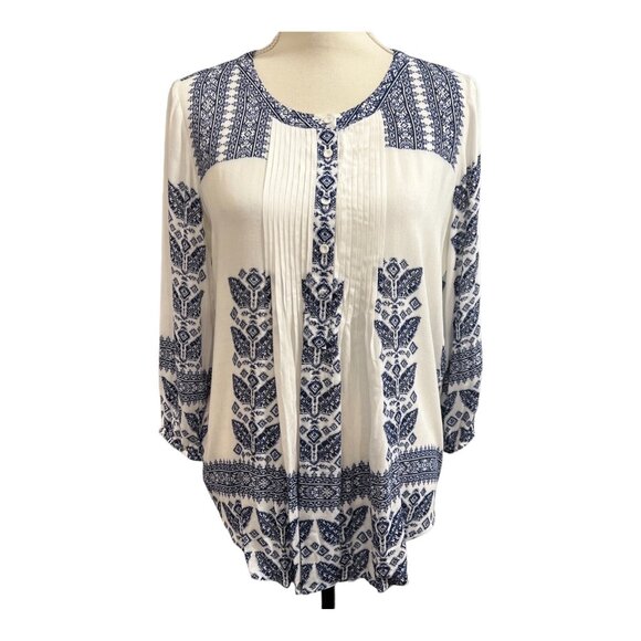 Pale Sky Top Womens S White Blue Aztec Pintuck Split Neck Tunic Boho Western - Picture 1 of 9